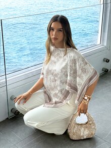 Aloruh Women's Spring/Summer Scoop Neck Scarf Blouse, Suitable For Vacation, Date Vacation, Beach, Seaside,Summer Top Beige Romantic - Multicolor - View 6