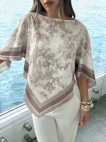 Aloruh Women's Spring/Summer Scoop Neck Scarf Blouse, Suitable For Vacation, Date Vacation, Beach, Seaside,Summer Top Beige Romantic - Multicolor - View 8