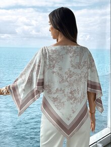 Aloruh Women's Spring/Summer Scoop Neck Scarf Blouse, Suitable For Vacation, Date Vacation, Beach, Seaside,Summer Top Beige Romantic - Multicolor - View 2