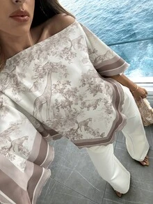 Aloruh Women's Spring/Summer Scoop Neck Scarf Blouse, Suitable For Vacation, Date Vacation, Beach, Seaside,Summer Top Beige Romantic - Multicolor - View 3
