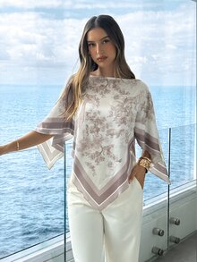 Aloruh Women's Spring/Summer Scoop Neck Scarf Blouse, Suitable For Vacation, Date Vacation, Beach, Seaside,Summer Top Beige Romantic - Multicolor - View 7