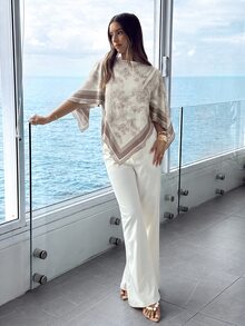 Aloruh Women's Spring/Summer Scoop Neck Scarf Blouse, Suitable For Vacation, Date Vacation, Beach, Seaside,Summer Top Beige Romantic - Multicolor - View 5
