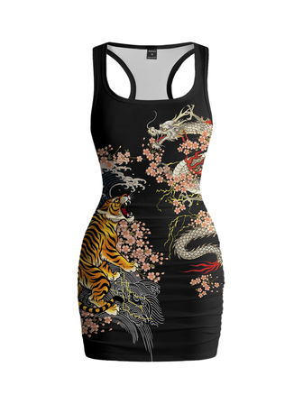 Grunge Punk Nuevo vestido de mujer estilo chino con tigre, dragón y flor de cerezo, sexy, sin mangas, top de tirantes, verano, punk oscuro, chica sexy