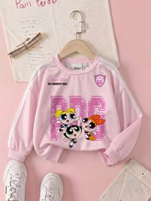 THE POWERPUFF GIRLS X SHEIN 女童秋季休閒卡通印花運動衫 - 白色 - 查看 1