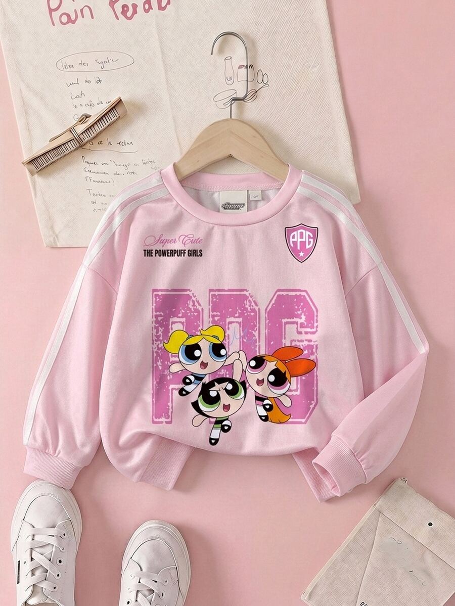 THE POWERPUFF GIRLS X SHEIN 女童秋季休閒卡通印花運動衫 - 白色 - 查看 1