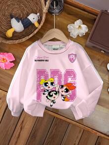 THE POWERPUFF GIRLS X SHEIN 女童秋季休閒卡通印花運動衫 - 白色 - 查看 7