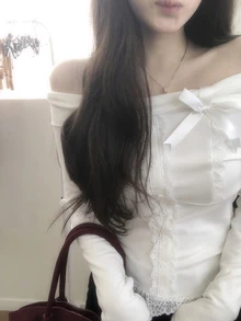 DAZY 女款韓式露肩長袖蕾絲拼接春/夏百搭清新T恤 - 白色 - 查看 8