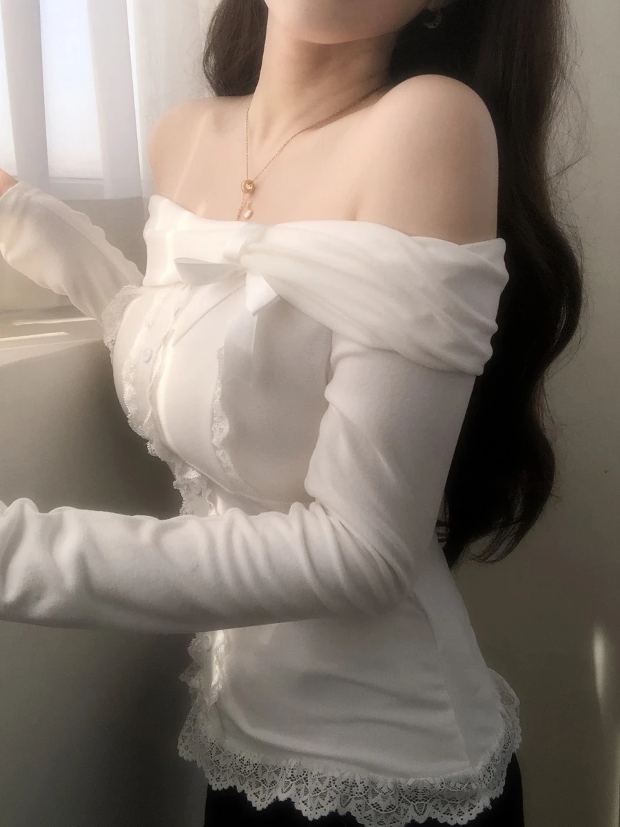 DAZY 女款韓式露肩長袖蕾絲拼接春/夏百搭清新T恤 - 白色 - 查看 1