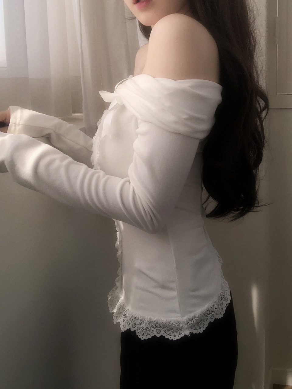 Women's Off-Shoulder Korean Style Long Sleeve Lace Patchwork Spring/Summer Versatile Fresh T-Shirt