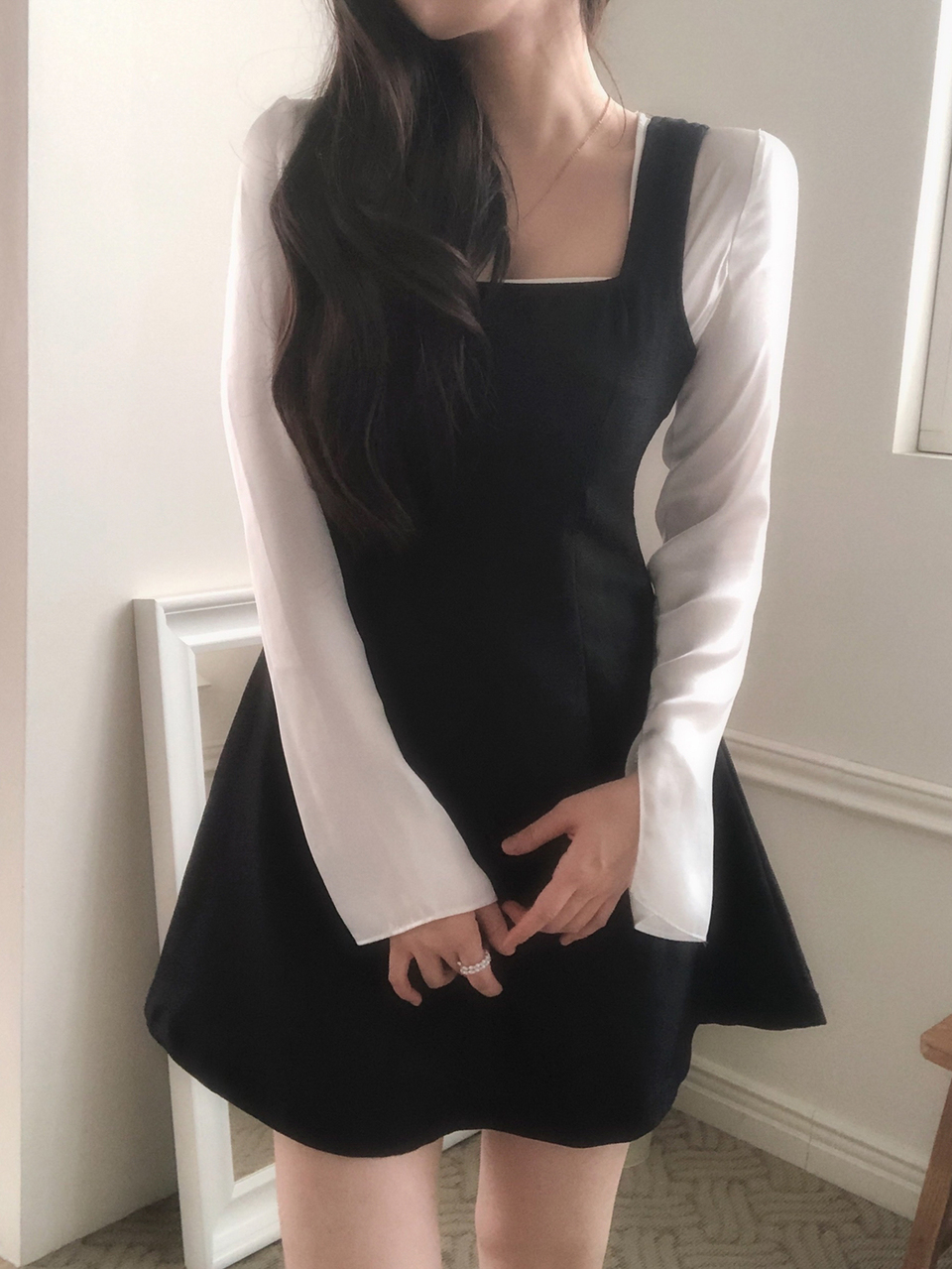 Women's Square Neck Korean Style Solid Color Bowknot Tie-Up Mid-Length Dress Fall