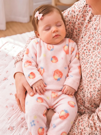 3 pezzi Top + Pantaloni per bambine, carini, rosa, con fragola, fiocco, fascia per capelli, maniche lunghe in peluche, collo tondo, spessi, per feste di compleanno, inverno, autunno, vacanze, elastici