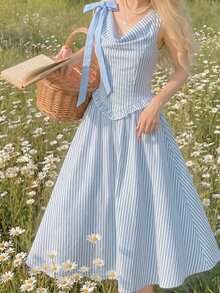 SHEIN Serisse Kids 少女纯色象牙色蕾丝面料蝴蝶结装饰领无袖优雅连衣裙毕业礼服，白色连衣裙，夏季连衣裙 - 杏色 - 查看 7