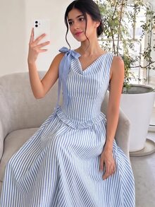 SHEIN Serisse Kids 少女纯色象牙色蕾丝面料蝴蝶结装饰领无袖优雅连衣裙毕业礼服，白色连衣裙，夏季连衣裙 - 杏色 - 查看 5
