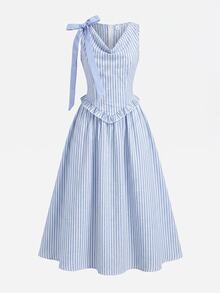 SHEIN Serisse Kids 少女纯色象牙色蕾丝面料蝴蝶结装饰领无袖优雅连衣裙毕业礼服，白色连衣裙，夏季连衣裙 - 杏色 - 查看 2