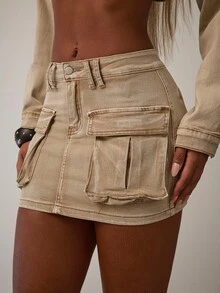 Eshe Glo Jupe en jean à poches à rabat, vintage, vêtements d'automne pour femmes, streetwear décontracté - Kaki - Voir 7