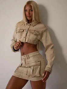 Eshe Glo Jupe en jean à poches à rabat, vintage, vêtements d'automne pour femmes, streetwear décontracté - Kaki - Voir 1