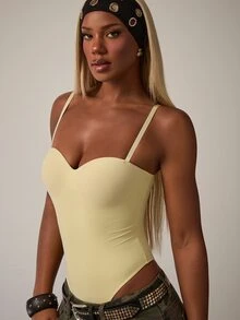 Eshe Glo Bodysuit Tanpa Lengan Warna Polos Kasual Wanita, Musim Panas - Kuning - View 5
