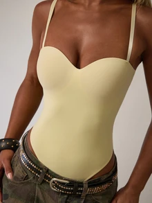 Eshe Glo Bodysuit Tanpa Lengan Warna Polos Kasual Wanita, Musim Panas - Kuning - View 6