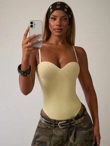 Eshe Glo Bodysuit Tanpa Lengan Warna Polos Kasual Wanita, Musim Panas - Kuning - View 4