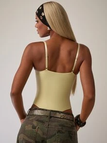 Eshe Glo Bodysuit Tanpa Lengan Warna Polos Kasual Wanita, Musim Panas - Kuning - View 2