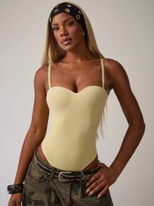 Eshe Glo Bodysuit Tanpa Lengan Warna Polos Kasual Wanita, Musim Panas - Kuning - View 8