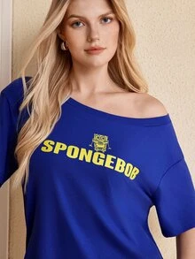 SpongeBob SquarePants | SHEIN Women's Summer Casual Letter And Cartoon Print Round Neck Short Sleeve T-Shirt - Blue - View 3