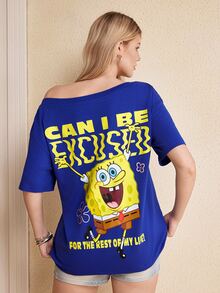 SpongeBob SquarePants | SHEIN Women's Summer Casual Letter And Cartoon Print Round Neck Short Sleeve T-Shirt - Blue - View 2