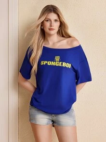 SpongeBob SquarePants | SHEIN Women's Summer Casual Letter And Cartoon Print Round Neck Short Sleeve T-Shirt - Blue - View 4