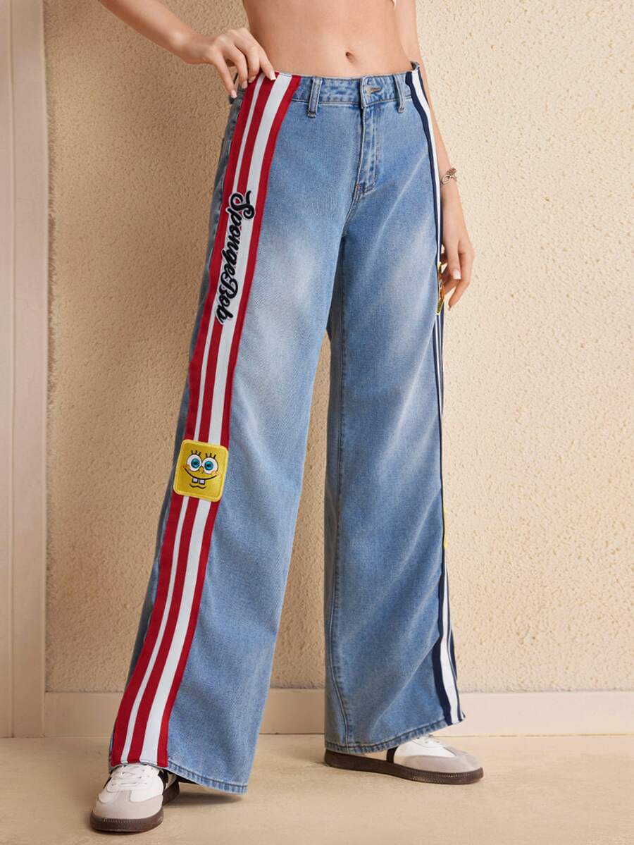 SpongeBob SquarePants | SHEIN Women's Side Stripe Wide Leg Loose Casual Denim Jeans - Blue - View 1