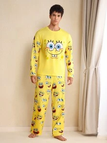SpongeBob SquarePants | SHEIN Men's Cartoon Pattern Long Sleeve Top & Pants Pajama Set Yellow Pajama Set, Fall & Winter Clothes - Yellow - View 3
