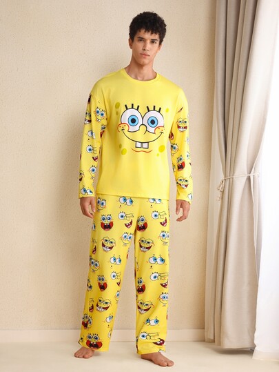 SpongeBob SquarePants | SHEIN Ensemble pyjama homme à motif de dessin animé, Top à manches longues et pantalon, ensemble pyjama jaune, vêtements d'automne et d'hiver