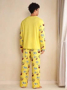SpongeBob SquarePants | SHEIN Men's Cartoon Pattern Long Sleeve Top & Pants Pajama Set Yellow Pajama Set, Fall & Winter Clothes - Yellow - View 2