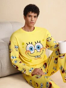 SpongeBob SquarePants | SHEIN Men's Cartoon Pattern Long Sleeve Top & Pants Pajama Set Yellow Pajama Set, Fall & Winter Clothes - Yellow - View 6
