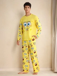 SpongeBob SquarePants | SHEIN Men's Cartoon Pattern Long Sleeve Top & Pants Pajama Set Yellow Pajama Set, Fall & Winter Clothes - Yellow - View 4