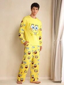 SpongeBob SquarePants | SHEIN Men's Cartoon Pattern Long Sleeve Top & Pants Pajama Set Yellow Pajama Set, Fall & Winter Clothes - Yellow - View 5