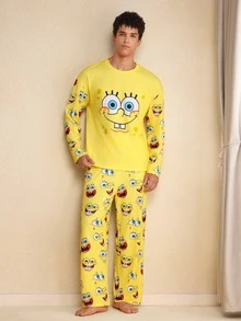 SpongeBob SquarePants | SHEIN Men's Cartoon Pattern Long Sleeve Top & Pants Pajama Set Yellow Pajama Set, Fall & Winter Clothes - Yellow - View 1