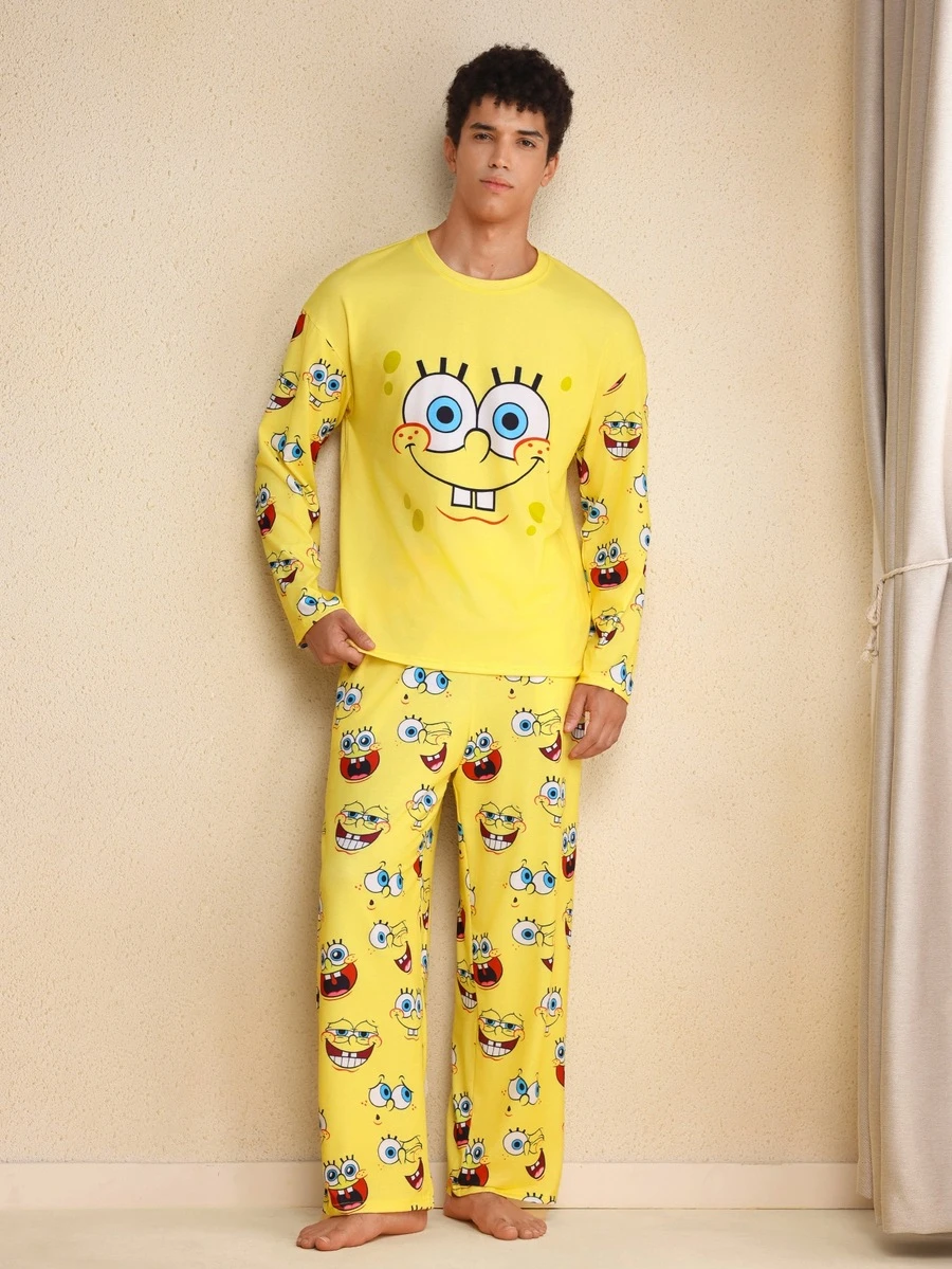 SpongeBob SquarePants | SHEIN Men's Cartoon Pattern Long Sleeve Top & Pants Pajama Set Yellow Pajama Set, Fall & Winter Clothes - Yellow - View 1
