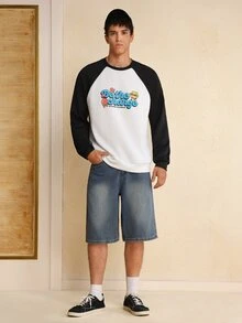 SpongeBob SquarePants | SHEIN Áo nỉ chui đầu tay raglan họa tiết hoạt hình và chữ cái thường ngày cho nam xuân thu - Đen và trắng - Xem 5