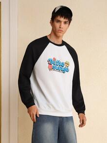SpongeBob SquarePants | SHEIN Áo nỉ chui đầu tay raglan họa tiết hoạt hình và chữ cái thường ngày cho nam xuân thu - Đen và trắng - Xem 4