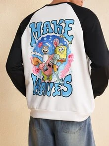 SpongeBob SquarePants | SHEIN Áo nỉ chui đầu tay raglan họa tiết hoạt hình và chữ cái thường ngày cho nam xuân thu - Đen và trắng - Xem 3