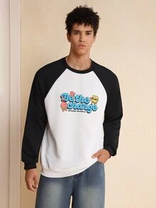 SpongeBob SquarePants | SHEIN Áo nỉ chui đầu tay raglan họa tiết hoạt hình và chữ cái thường ngày cho nam xuân thu - Đen và trắng - Xem 2