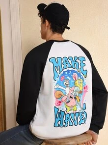 SpongeBob SquarePants | SHEIN Áo nỉ chui đầu tay raglan họa tiết hoạt hình và chữ cái thường ngày cho nam xuân thu - Đen và trắng - Xem 1