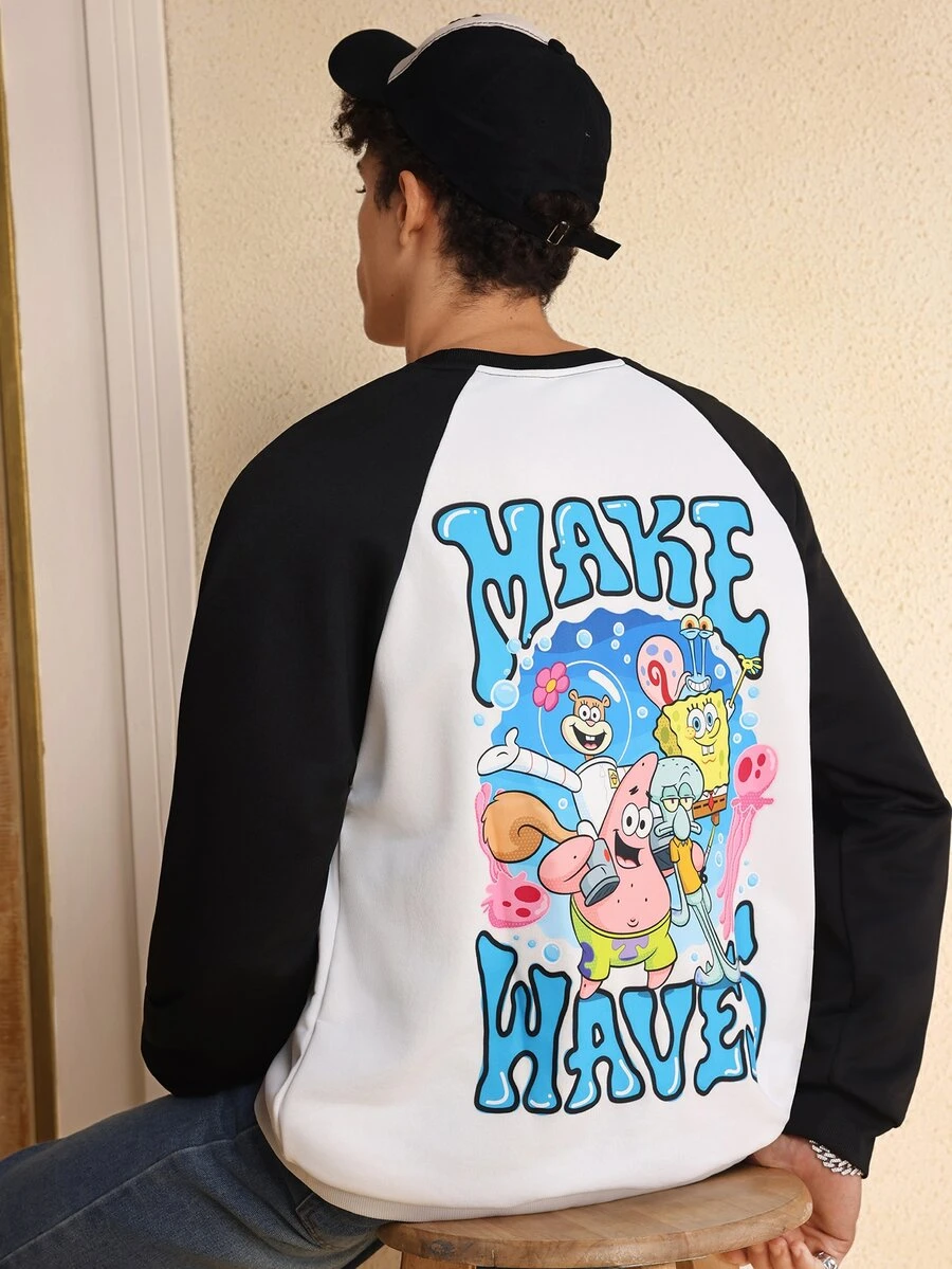 SpongeBob SquarePants | SHEIN Áo nỉ chui đầu tay raglan họa tiết hoạt hình và chữ cái thường ngày cho nam xuân thu - Đen và trắng - Xem 1