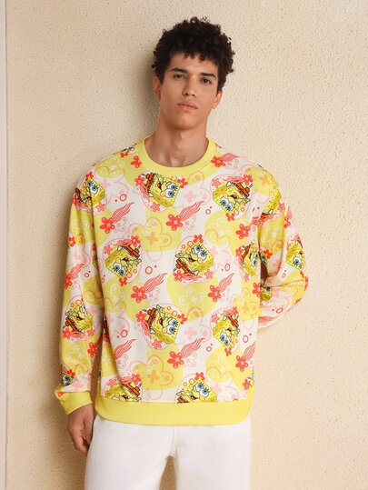 SpongeBob SquarePants | SHEIN Men Cartoon Pattern Round Neck Long Sleeve Pullover Sweatshirt , Fall