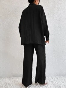 EMERY ROSE Solid Drop Shoulder Shirt & Wide Leg Trousers - Black - View 2