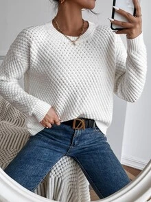 SHEIN Solid Drop Shoulder Round Neck Sweater,Long Sleeve Tops Knit Pullover Fall Winter - White - View 5
