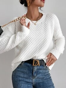 SHEIN Solid Drop Shoulder Round Neck Sweater,Long Sleeve Tops Knit Pullover Fall Winter - White - View 6