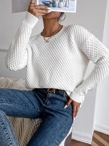 SHEIN 纯色落肩圆领毛衣，长袖针织套头衫，秋冬款 - 白色 - 查看 7