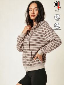 SHEIN BASICS 女款條紋拉鍊連帽外套，保暖柔軟舒適抓絨夾克，適合秋季基本款返校與外出穿著 - 彩色 - 查看 8