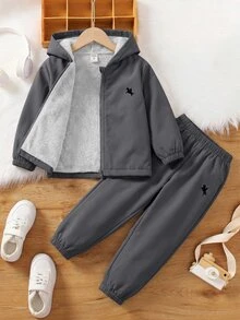 SHEIN 2件組兒童藍色外套與棕色刷毛內搭褲，針織兩件套，適合通勤、上學、休閒穿著、度假旅行、運動、冬季與新年出遊 - 灰色 - 查看 4